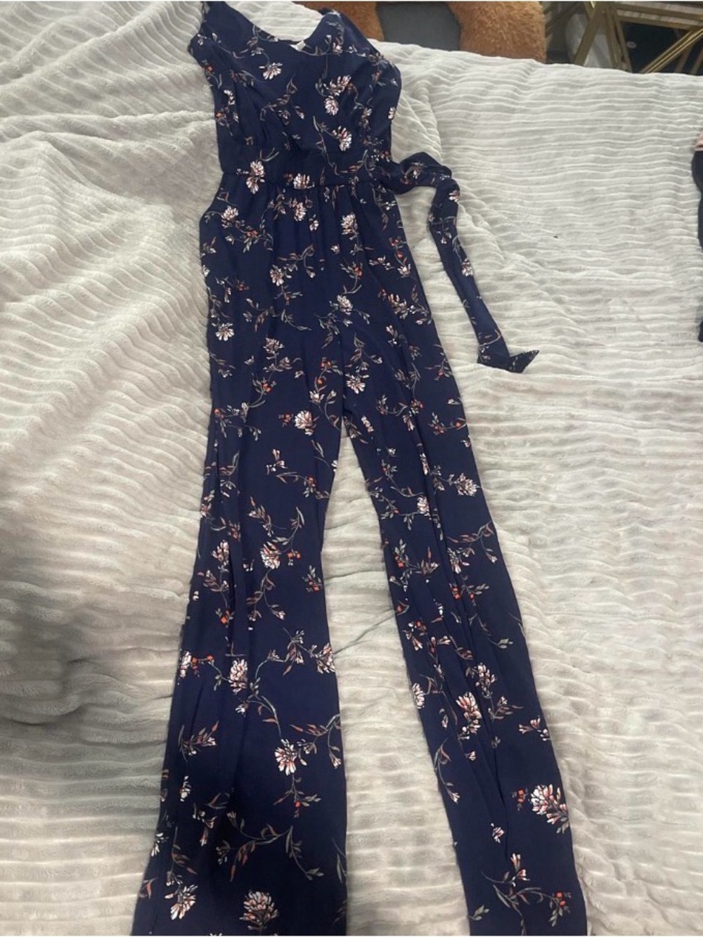 Navy blue floral jumpsuit with tie back and LARGE POCKETS